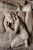 Mamallapuram - Tamil Nadu. the Mahishamardhini cave. The panel of Vishnu recumbent on serpent coils